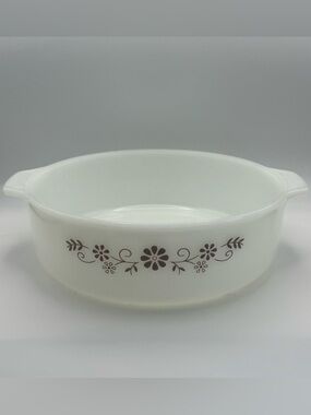 Vintage Dynaware Pyr-O-Rey Milk Glass Floral Casserole Dish Round Baking Dish